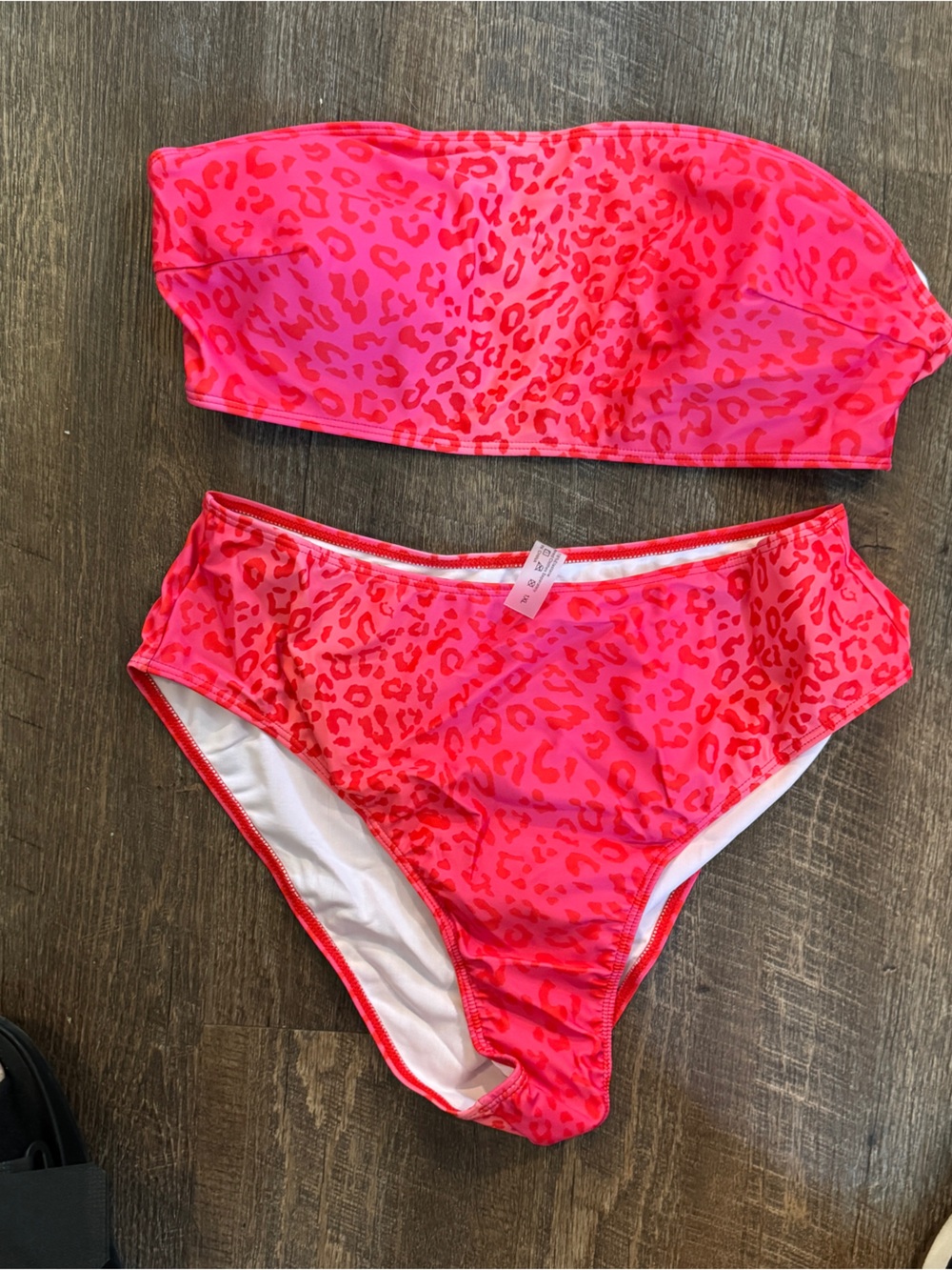 High-Waisted Bandeau Bikini Set in Hot Pink Leopard